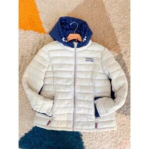 Womens Tommy Hilfiger Puffer Winter Coat White BLue Size XL Hood Logo Streetwear